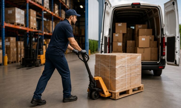 Wholesale courier service loading palletised stock into a delivery van