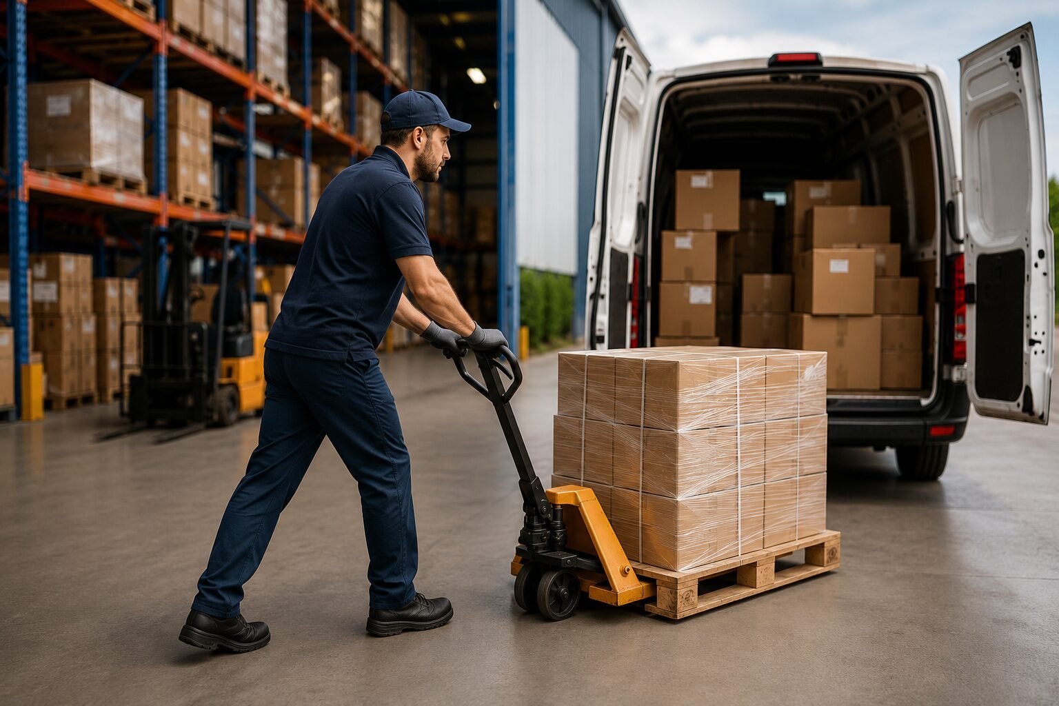 Wholesale courier service loading palletised stock into a delivery van